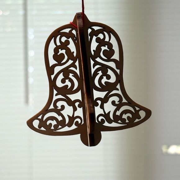Wooden Bell 3D Style Laser Cut Christmas Tree Ornament Tan Red - Picture 1 of 5